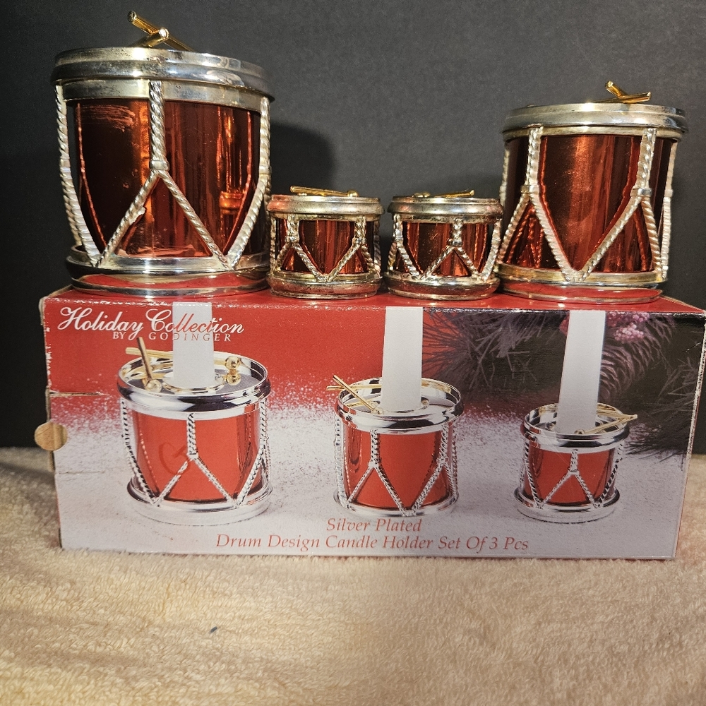 Godinger 2 Silver & Red Drum Candle Holders + S&P Shakers Set
